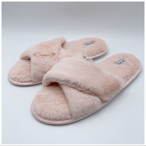 SPLENDID Pink Fluffy Crisscross Peep Toe‎ Slippers M/L NWT - Picture 4 of 11